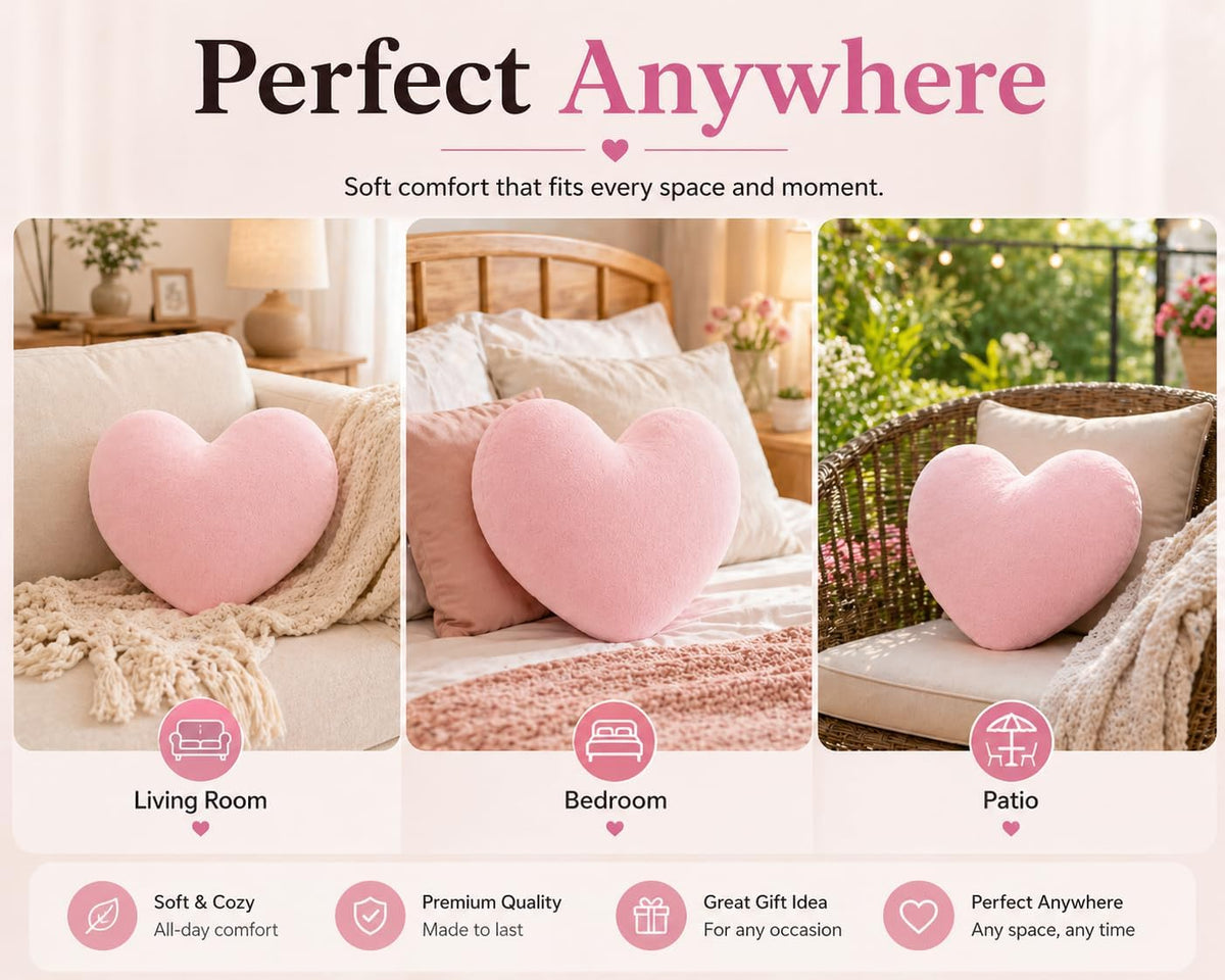 Heart-Shaped Micromink Throw Pillow 15"x17", Plush Cushion (Pink)