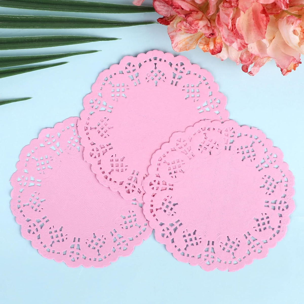 3.5inch Round Pink Paper Lace Doilies for Wedding Tableware Decoration,100-Pack