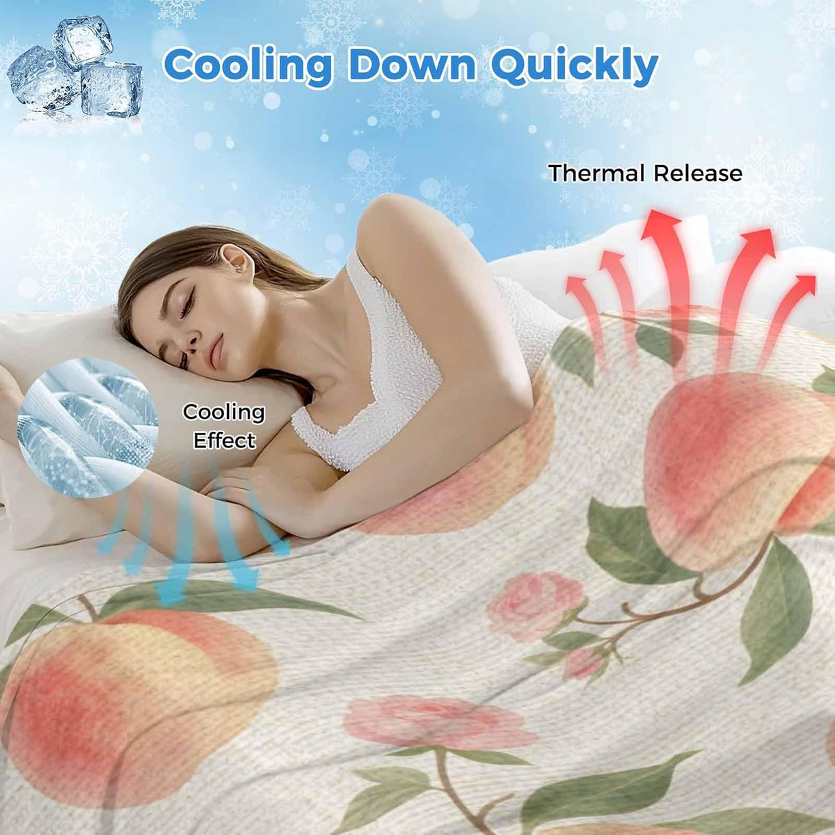 Cooling Blanket for Hot Sleepers,Peach Soft Breathable Cool Summer Blanket for Night Sweats,Spring Floral Green Leaf Botanical Pink Fruit Rustic Lightweight Ice Silk Throw Blankets All Season 30"x40"