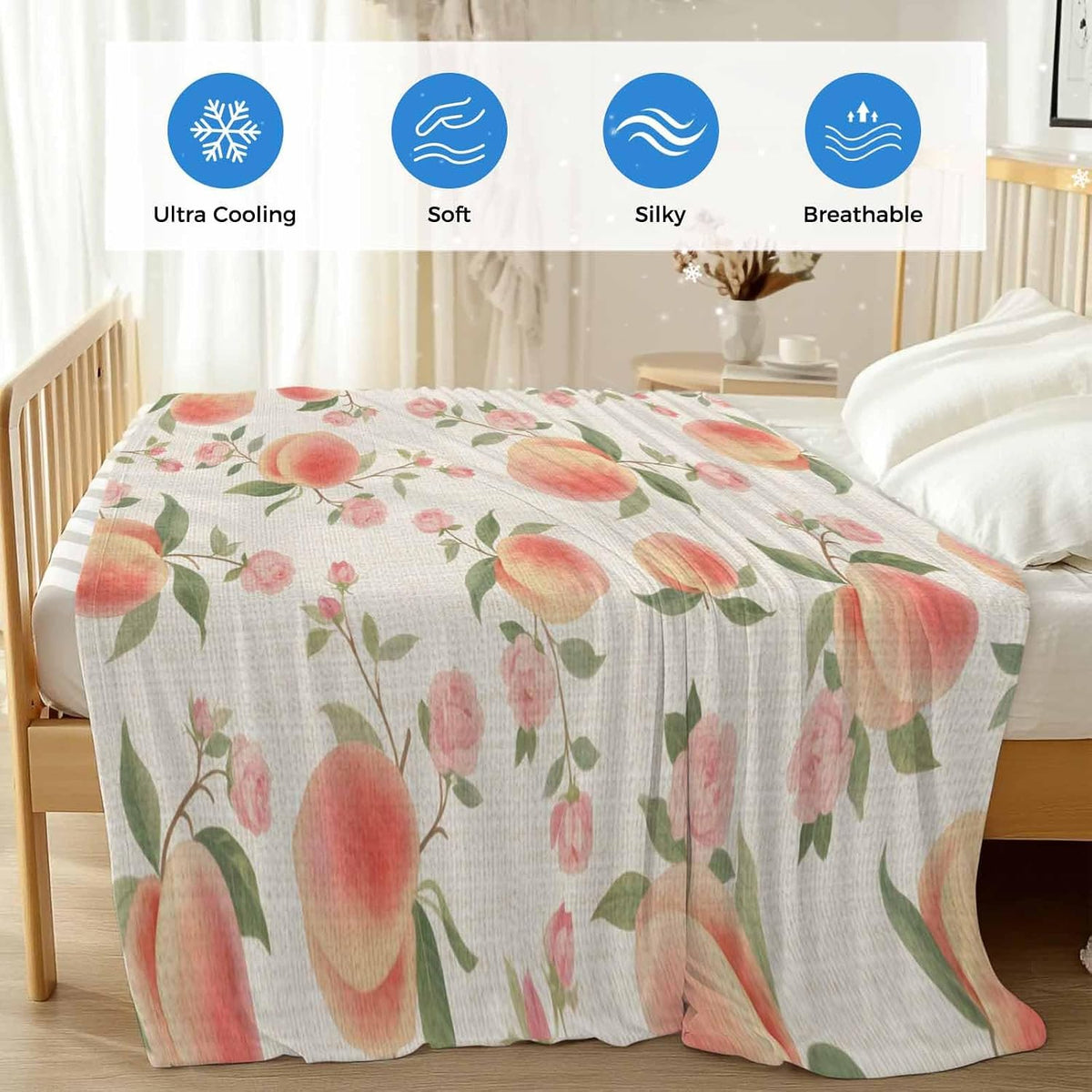 Cooling Blanket for Hot Sleepers,Peach Soft Breathable Cool Summer Blanket for Night Sweats,Spring Floral Green Leaf Botanical Pink Fruit Rustic Lightweight Ice Silk Throw Blankets All Season 30"x40"