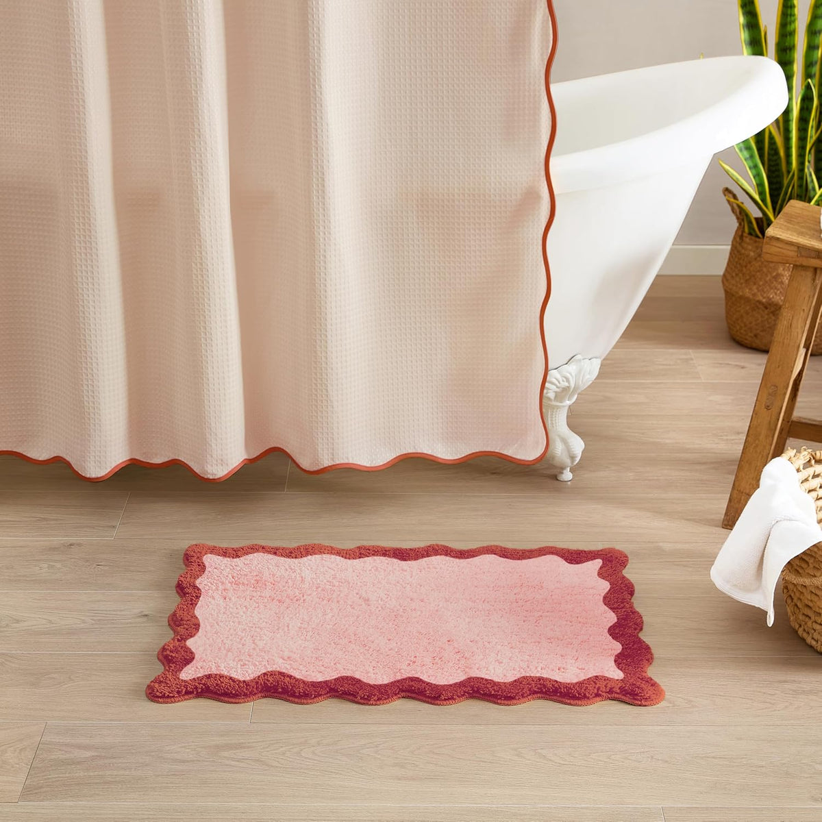 Bath Mat with Scalloped Wavy Ripple Design, Microfiber Absorbent Non Slip Tufted Rug for Floor, Shower or Kitchen (16x24 inch, Blush)