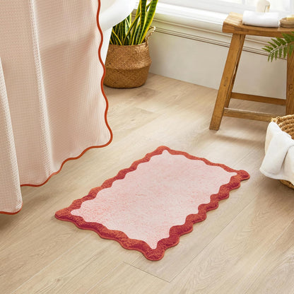 Bath Mat with Scalloped Wavy Ripple Design, Microfiber Absorbent Non Slip Tufted Rug for Floor, Shower or Kitchen (16x24 inch, Blush)