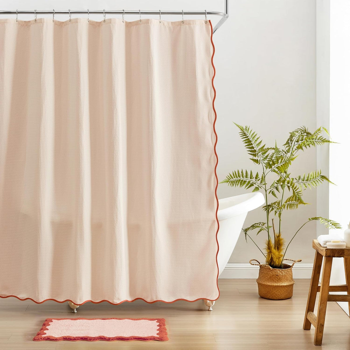 Bath Mat with Scalloped Wavy Ripple Design, Microfiber Absorbent Non Slip Tufted Rug for Floor, Shower or Kitchen (16x24 inch, Blush)