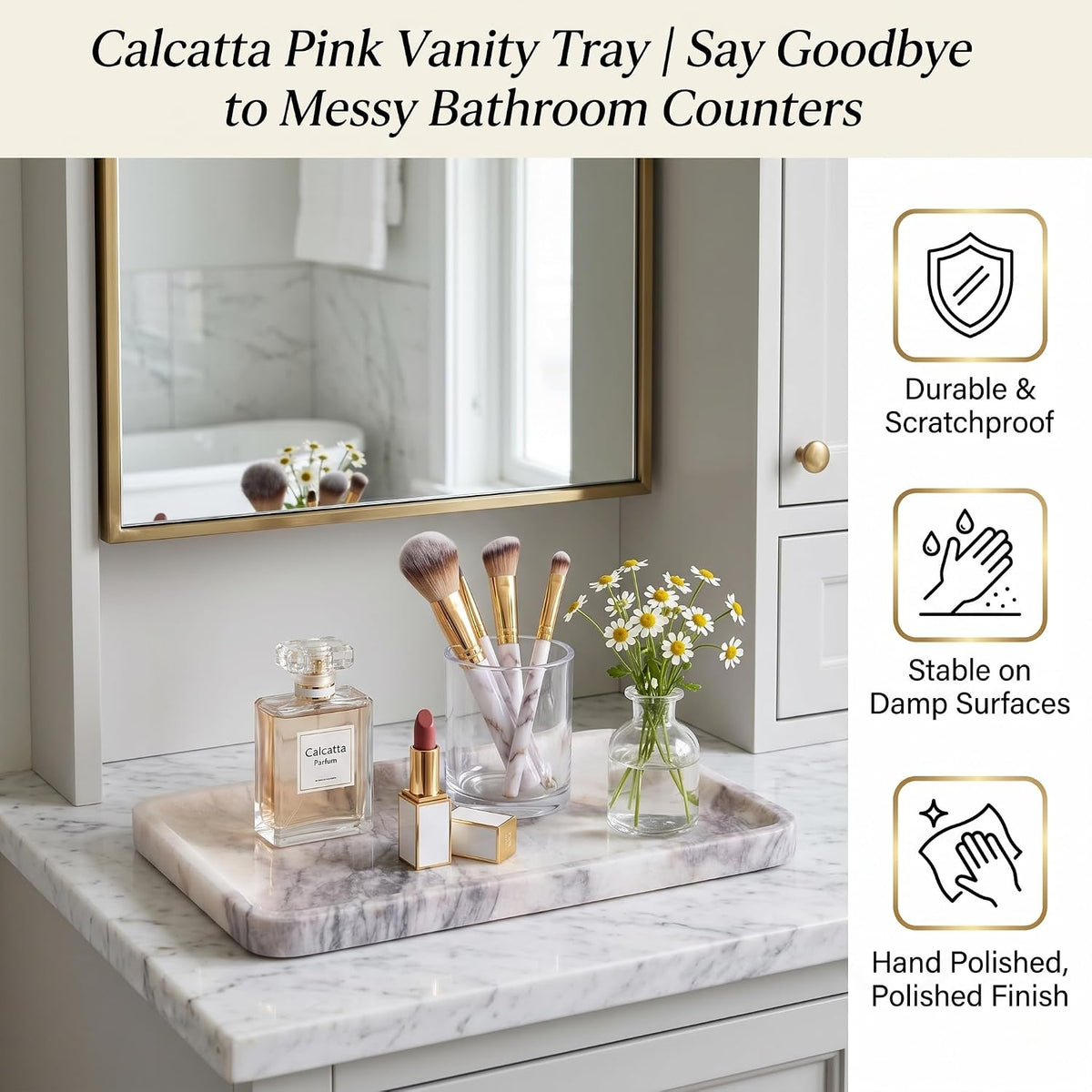 Calcatta Pink Marble Vanity Tray for Bathroom Counter-12 X7 Decorative Tray for Perfume, Candles, Stone Jewelry Dish Tray