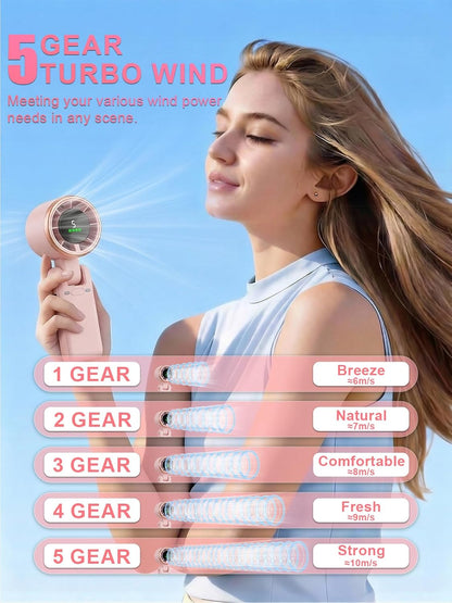 Portable Handheld Turbo Fan, 5 Gear Wind, Battery Operated, Up to 13 Working Hours Rechargeable Fan, 3 IN 1 Hand Fans with Air Turbo Tech Cooling Fan for for Travel, Beach, Outdoor - Pink
