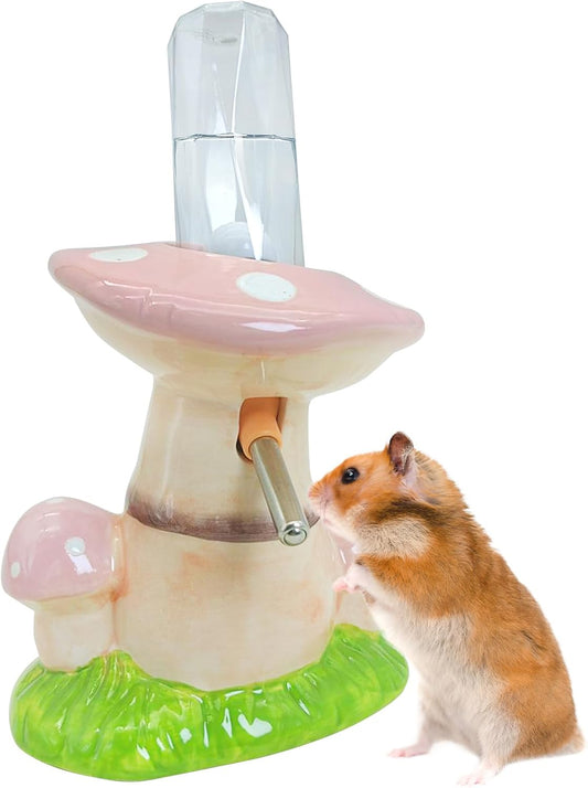 Hamster Water Bottle No Drip Ceramic Automatic Gerbil Water Bottle 80ML Water Dispenser with Mushroom Stand Holder for Gerbils Syrian Hamsters Dwarf Hamsters Mice (Pink)