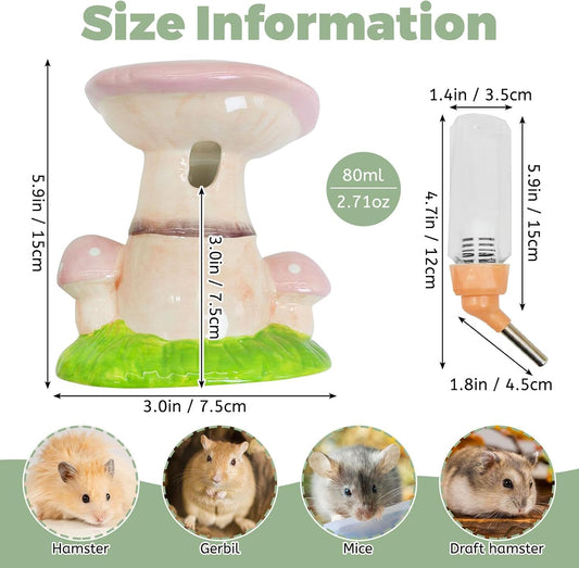 Hamster Water Bottle No Drip Ceramic Automatic Gerbil Water Bottle 80ML Water Dispenser with Mushroom Stand Holder for Gerbils Syrian Hamsters Dwarf Hamsters Mice (Pink)