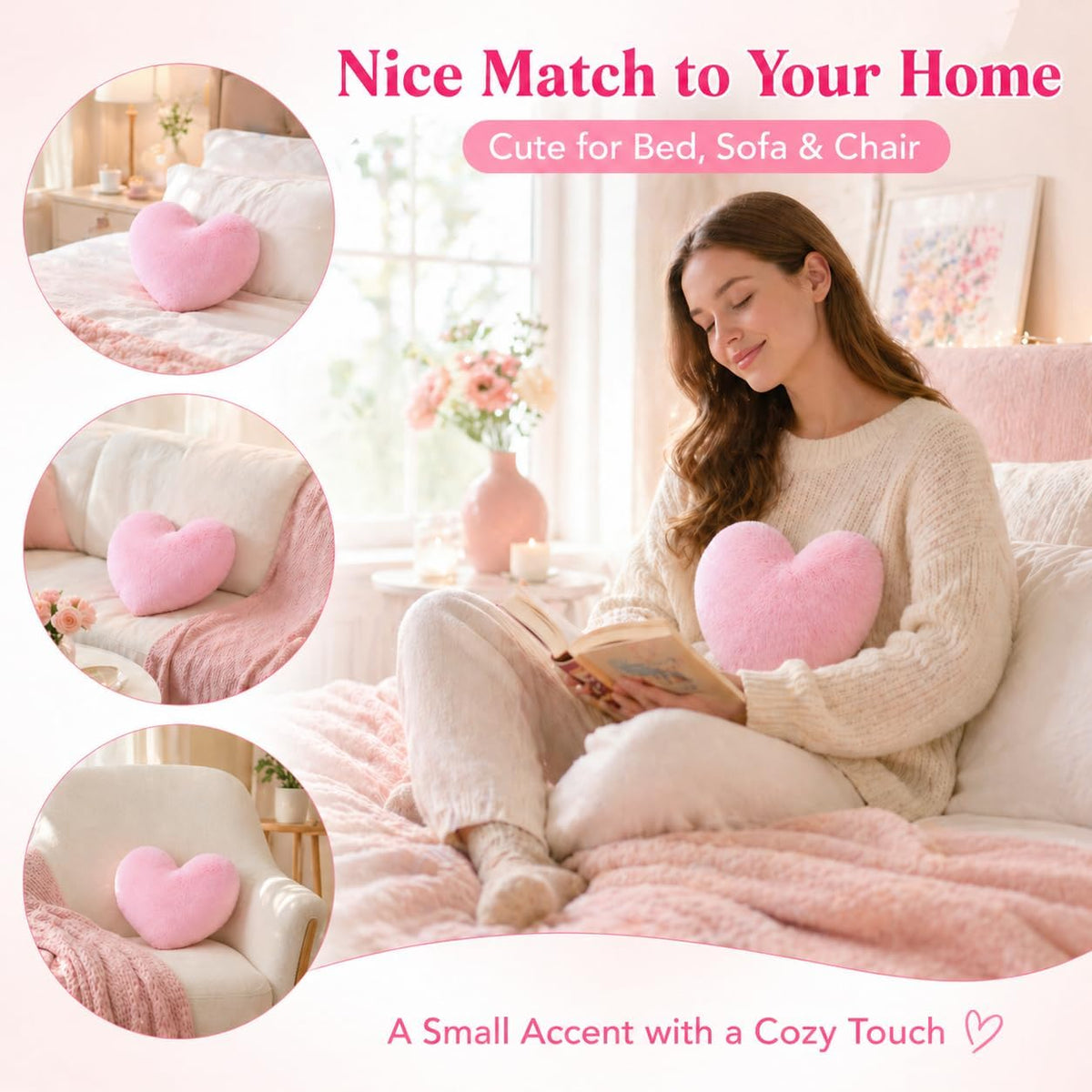 Decorative Heart Pillow - Pink Faux Fur Throw Pillow Room Decor