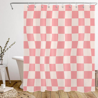 Pink Abstract Checkered Shower Curtain for Bathroom, Pink and Beige Retro Plaid Shower Curtain Modern Minimalist Polyester Fabric Bathroom Decor, 60W x 72L inches