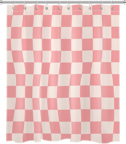 Pink Abstract Checkered Shower Curtain for Bathroom, Pink and Beige Retro Plaid Shower Curtain Modern Minimalist Polyester Fabric Bathroom Decor, 60W x 72L inches
