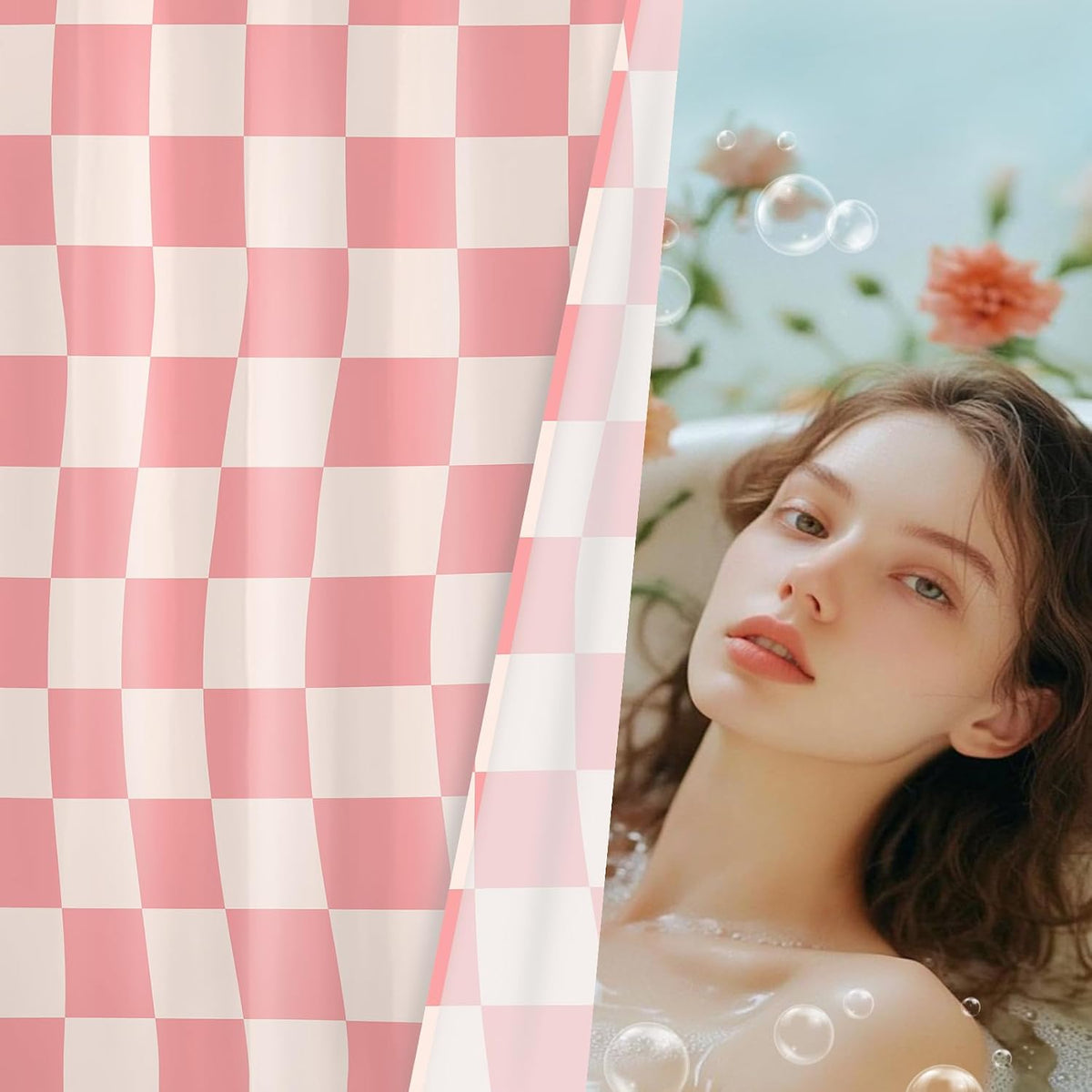 Pink Abstract Checkered Shower Curtain for Bathroom, Pink and Beige Retro Plaid Shower Curtain Modern Minimalist Polyester Fabric Bathroom Decor, 60W x 72L inches