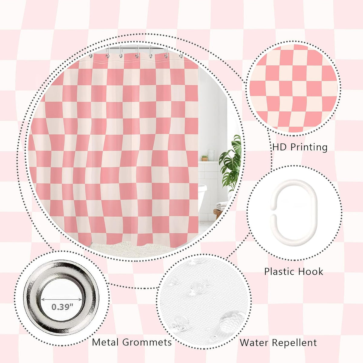 Pink Abstract Checkered Shower Curtain for Bathroom, Pink and Beige Retro Plaid Shower Curtain Modern Minimalist Polyester Fabric Bathroom Decor, 60W x 72L inches