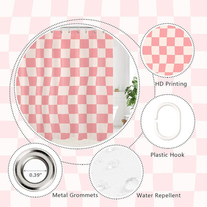 Pink Abstract Checkered Shower Curtain for Bathroom, Pink and Beige Retro Plaid Shower Curtain Modern Minimalist Polyester Fabric Bathroom Decor, 60W x 72L inches