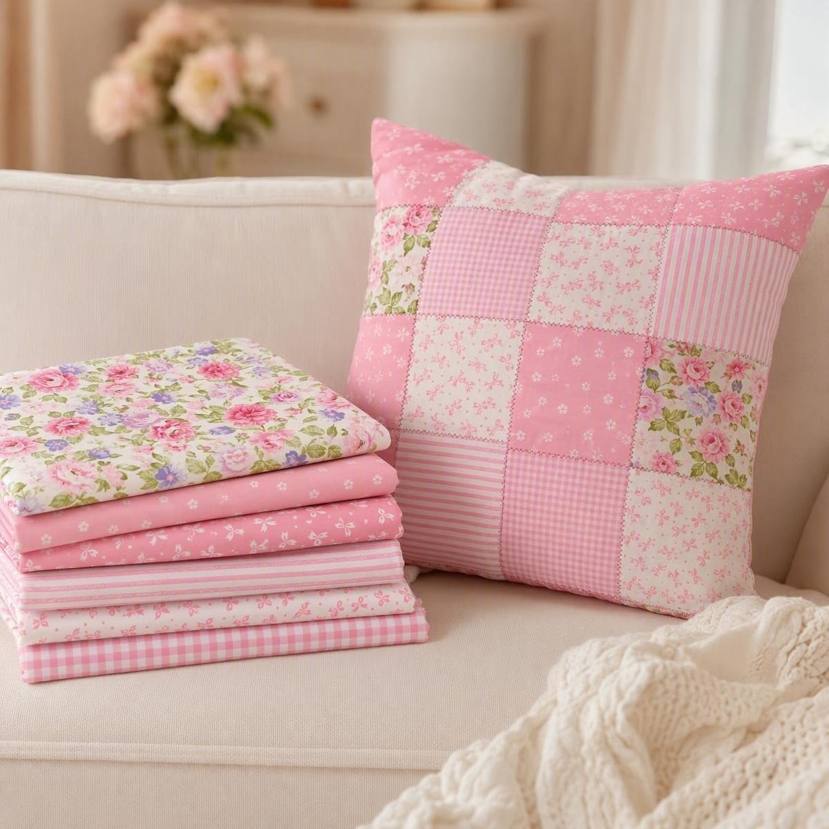 Precut Cotton Fat Quarters Fabric Quilting Bundles for Sewing, (Pink)
