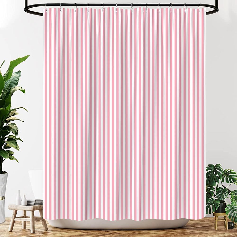 Pink and White Striped Shower Curtain Vertical Stripes, 70"W x 70"H