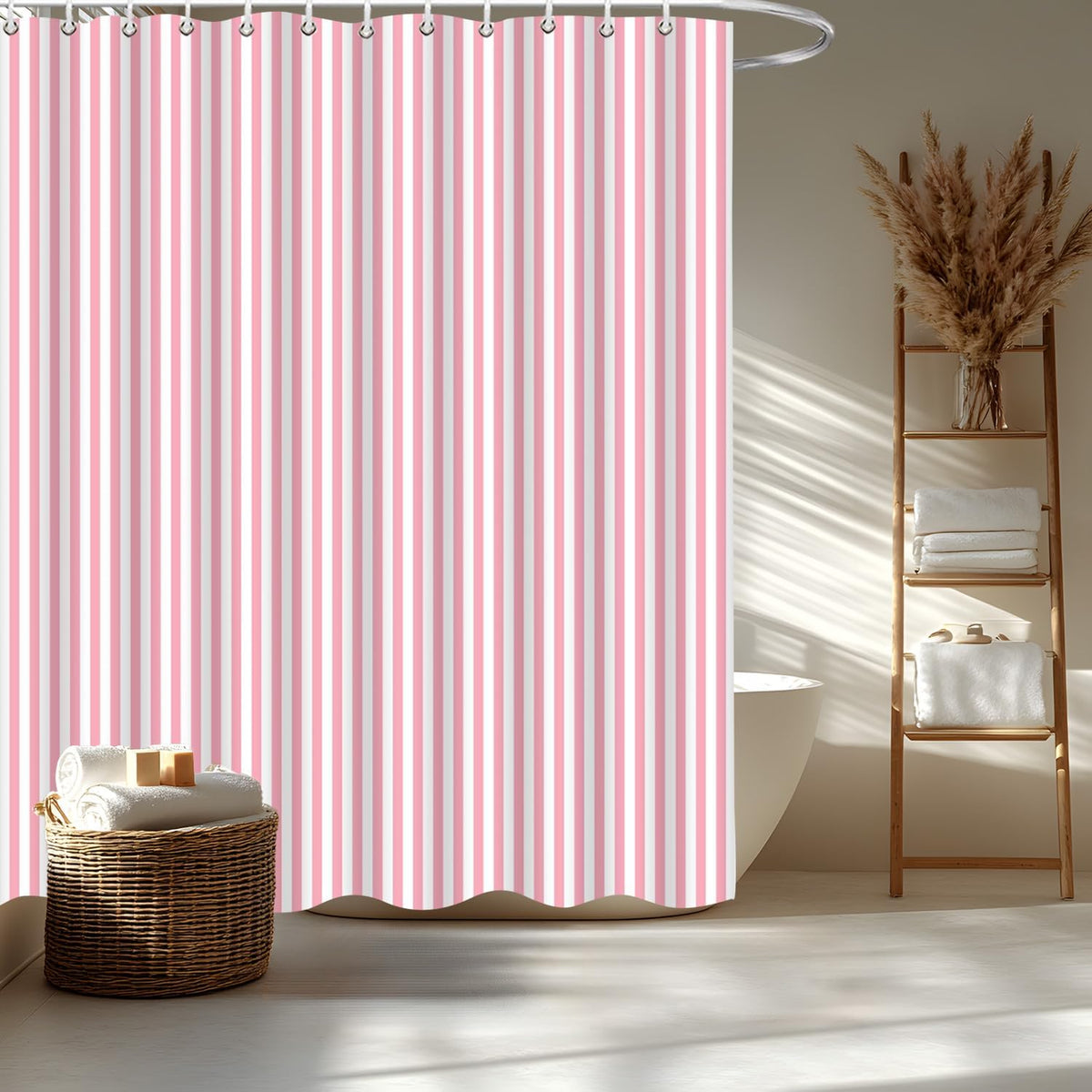 Pink and White Striped Shower Curtain Vertical Stripes, 70"W x 70"H