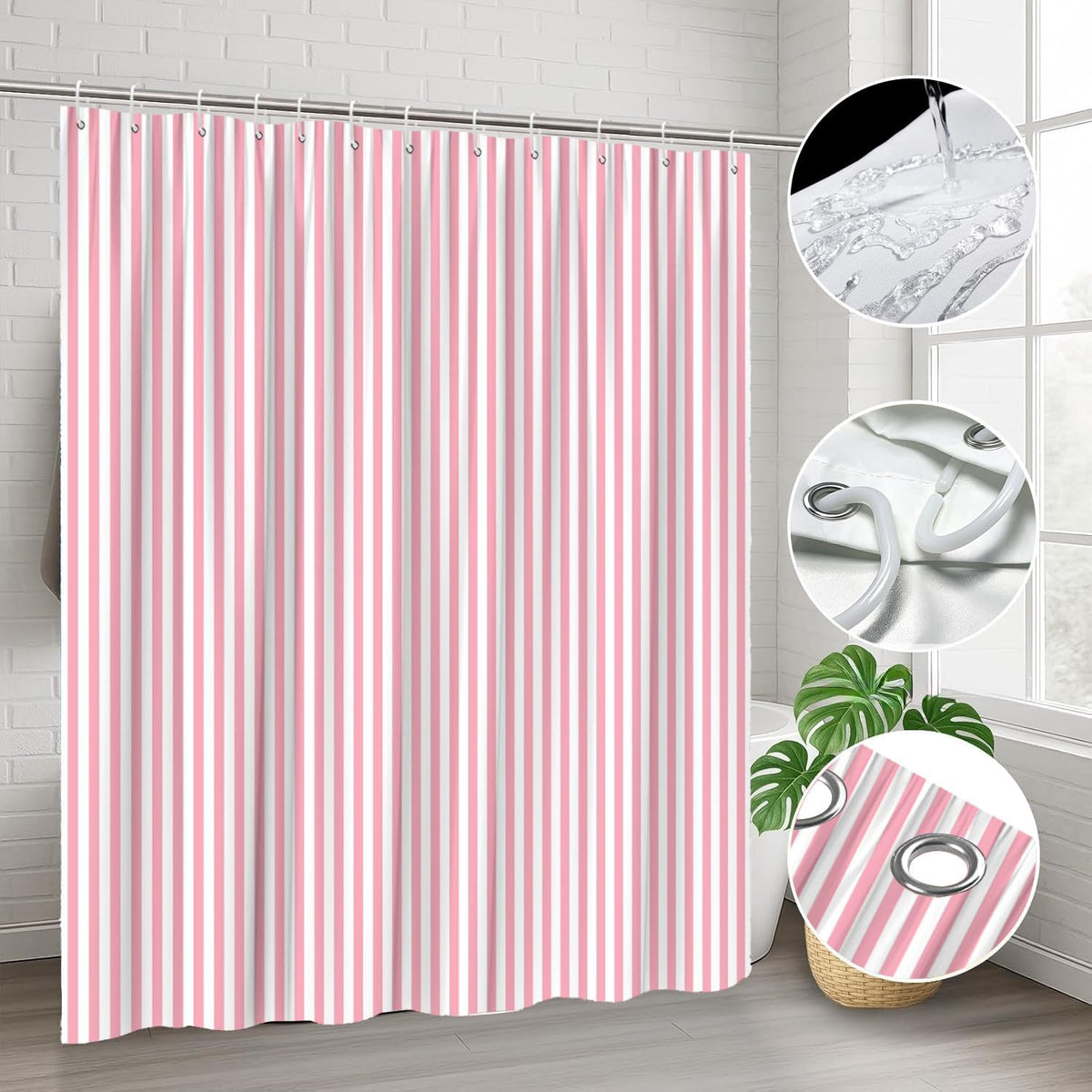 Pink and White Striped Shower Curtain Vertical Stripes, 70"W x 70"H