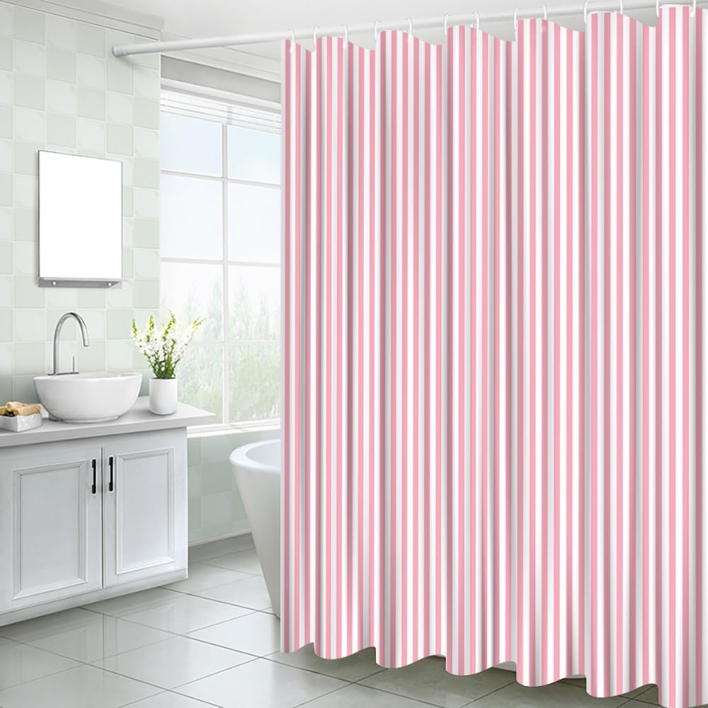 Pink and White Striped Shower Curtain Vertical Stripes, 70"W x 70"H