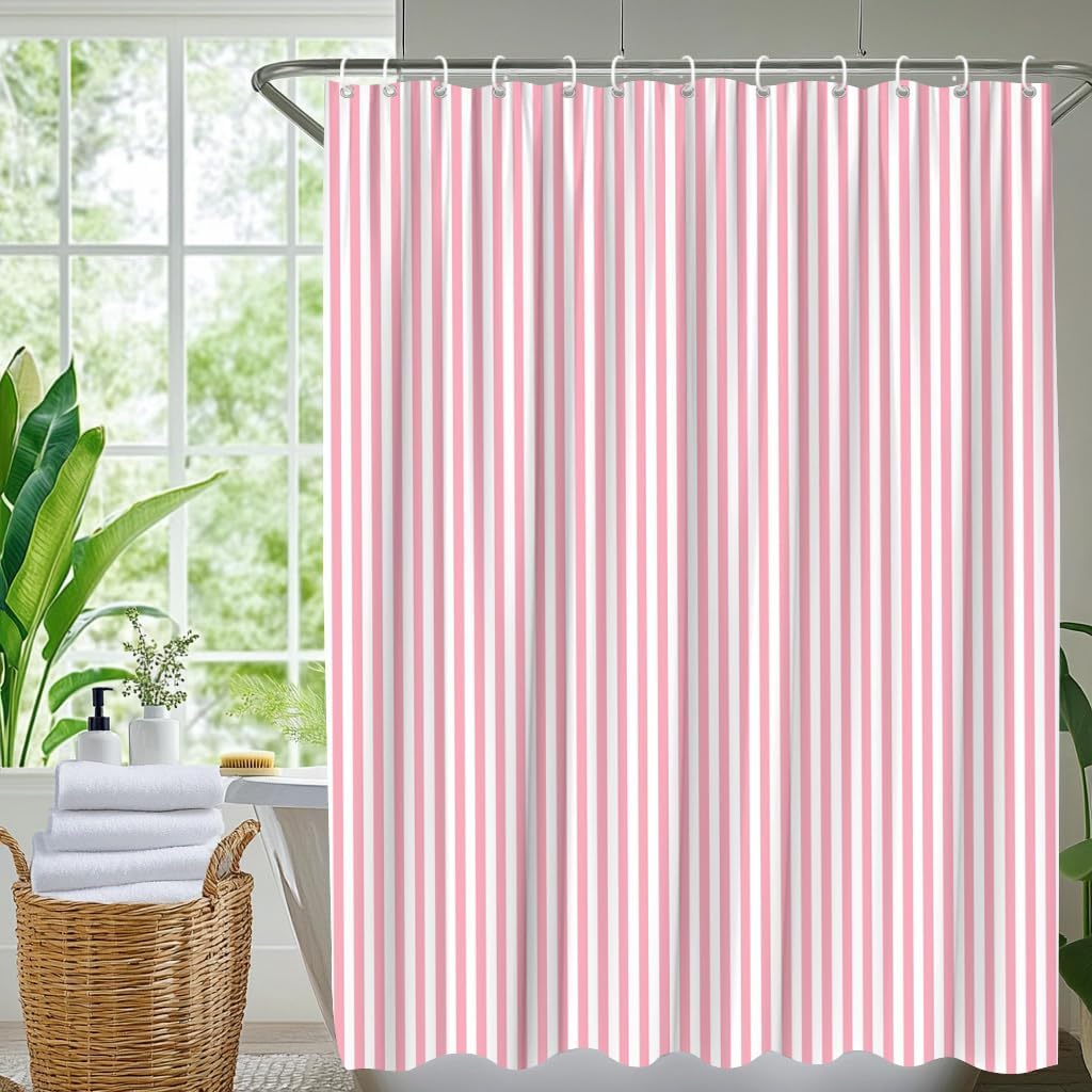 Pink and White Striped Shower Curtain Vertical Stripes, 70"W x 70"H