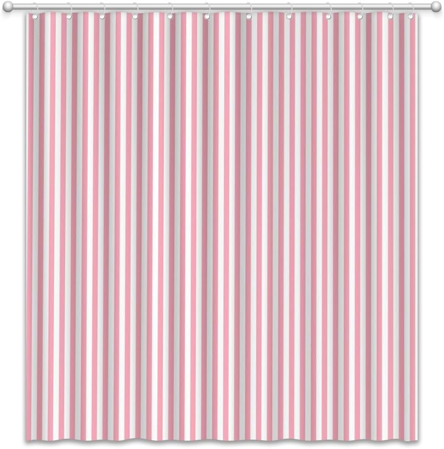Pink and White Striped Shower Curtain Vertical Stripes, 70"W x 70"H