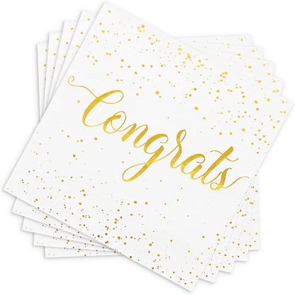 Whaline 80Pcs 2026 Congratulation Paper Napkin Gold Foil Congrats Dinner Napkin White Graduation Party Disposable Lunch Napkins for Engagement Baby Shower Celebration Party