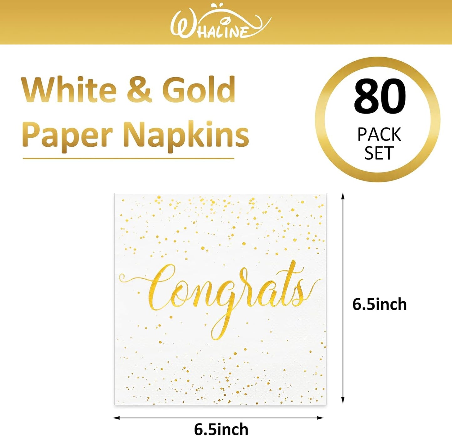 Whaline 80Pcs 2026 Congratulation Paper Napkin Gold Foil Congrats Dinner Napkin White Graduation Party Disposable Lunch Napkins for Engagement Baby Shower Celebration Party