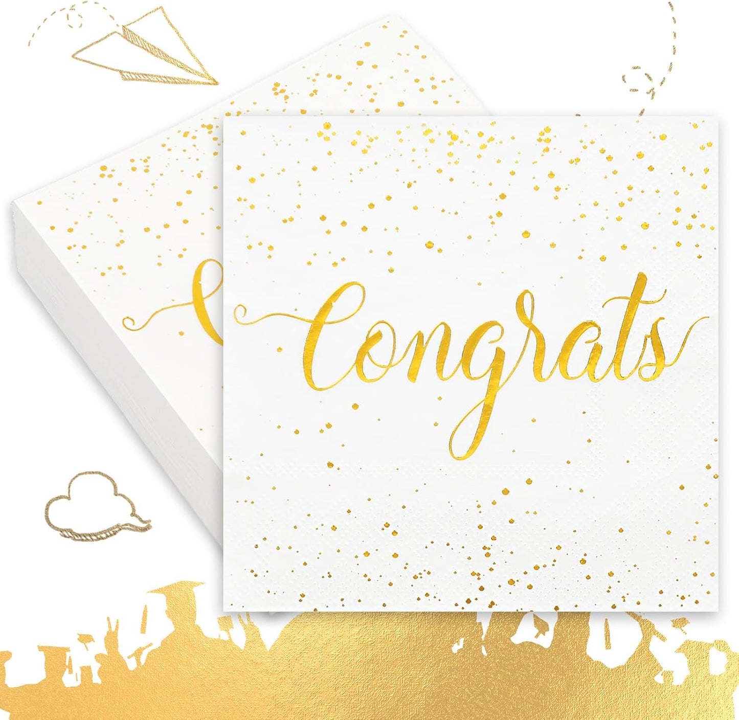 Whaline 80Pcs 2026 Congratulation Paper Napkin Gold Foil Congrats Dinner Napkin White Graduation Party Disposable Lunch Napkins for Engagement Baby Shower Celebration Party