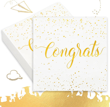 Whaline 80Pcs 2026 Congratulation Paper Napkin Gold Foil Congrats Dinner Napkin White Graduation Party Disposable Lunch Napkins for Engagement Baby Shower Celebration Party