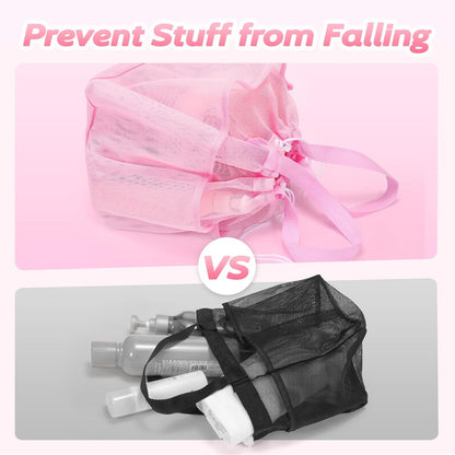 Mesh Shower Caddy Portable with Drawstring, Dorm Room Essentials for College Students Girls, Large Shower Bag for Camping,Swimming,Gym,Travel,Bathroom - Pink
