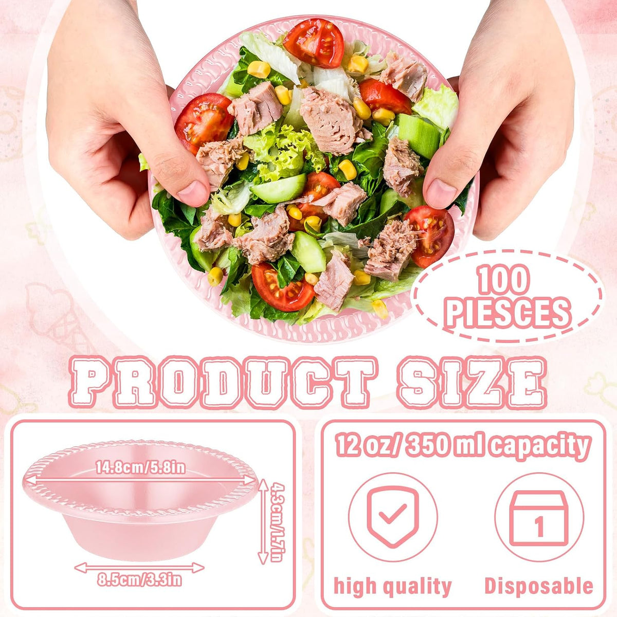 100 Pcs 12oz Pink Disposable Plastic Bowls Pastel Party Supplies