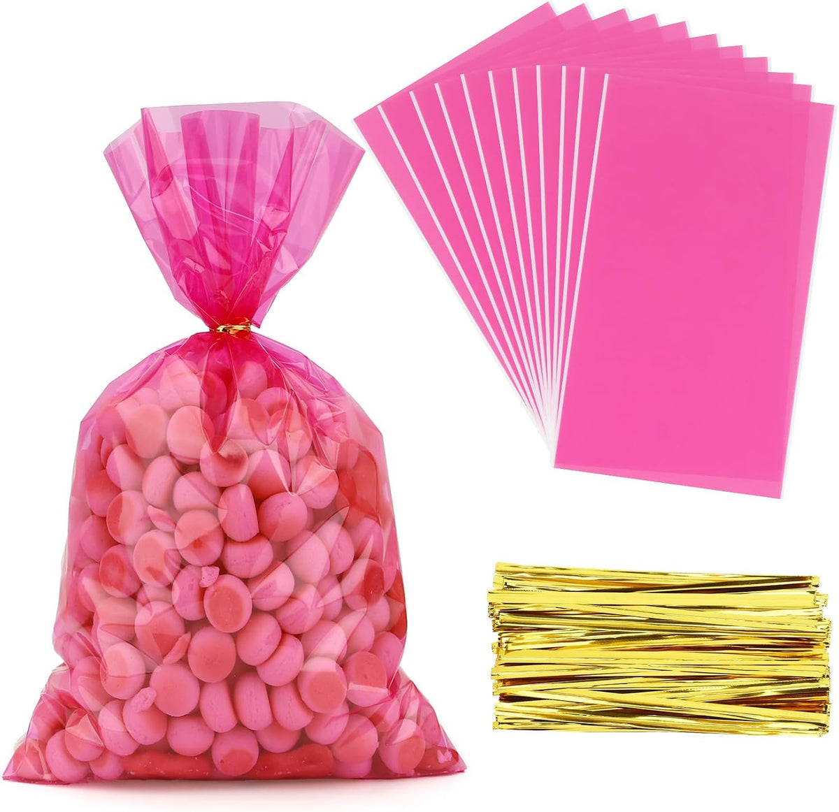 Pink Cellophane Treat Bags, 100 PCS Clear Pink Candy Bags, 6x9 Inch Plastic Clear Cookie Goodie Bag Gift Snack Treat Bag with Twist Ties for Valentines Weddings Birthday Party Favor Supplies