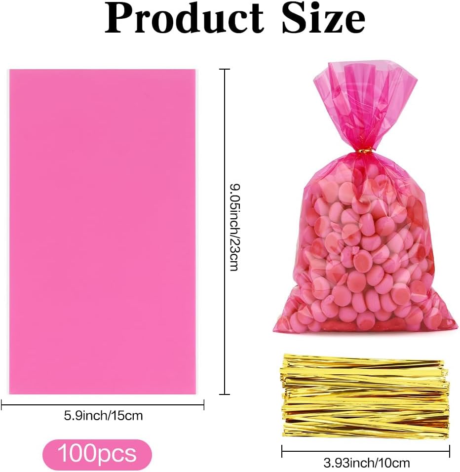 Pink Cellophane Treat Bags, 100 PCS Clear Pink Candy Bags, 6x9 Inch Plastic Clear Cookie Goodie Bag Gift Snack Treat Bag with Twist Ties for Valentines Weddings Birthday Party Favor Supplies