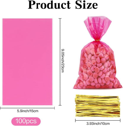 Pink Cellophane Treat Bags, 100 PCS Clear Pink Candy Bags, 6x9 Inch Plastic Clear Cookie Goodie Bag Gift Snack Treat Bag with Twist Ties for Valentines Weddings Birthday Party Favor Supplies