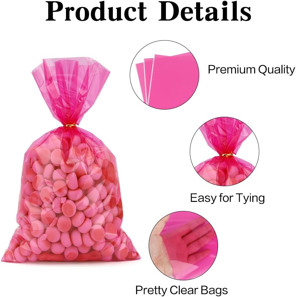 Pink Cellophane Treat Bags, 100 PCS Clear Pink Candy Bags, 6x9 Inch Plastic Clear Cookie Goodie Bag Gift Snack Treat Bag with Twist Ties for Valentines Weddings Birthday Party Favor Supplies