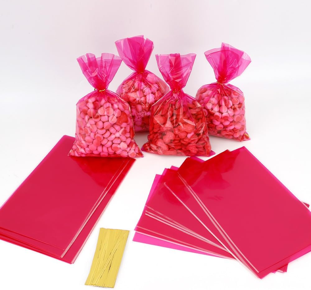 Pink Cellophane Treat Bags, 100 PCS Clear Pink Candy Bags, 6x9 Inch Plastic Clear Cookie Goodie Bag Gift Snack Treat Bag with Twist Ties for Valentines Weddings Birthday Party Favor Supplies
