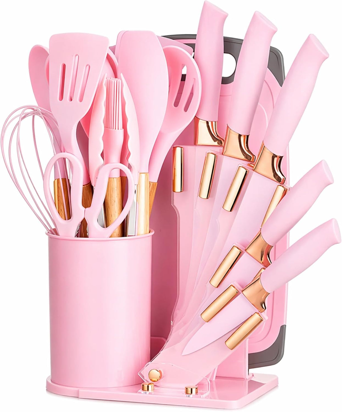 19-Piece Pink Kitchen Utensils Set with Knife Set & Cutting Board - Silicone Cooking Utensils with Wooden Handles, Rose Gold Accents, Scissors, Whisk & Tongs - BPA-Free Pink Kitchen Gift Set