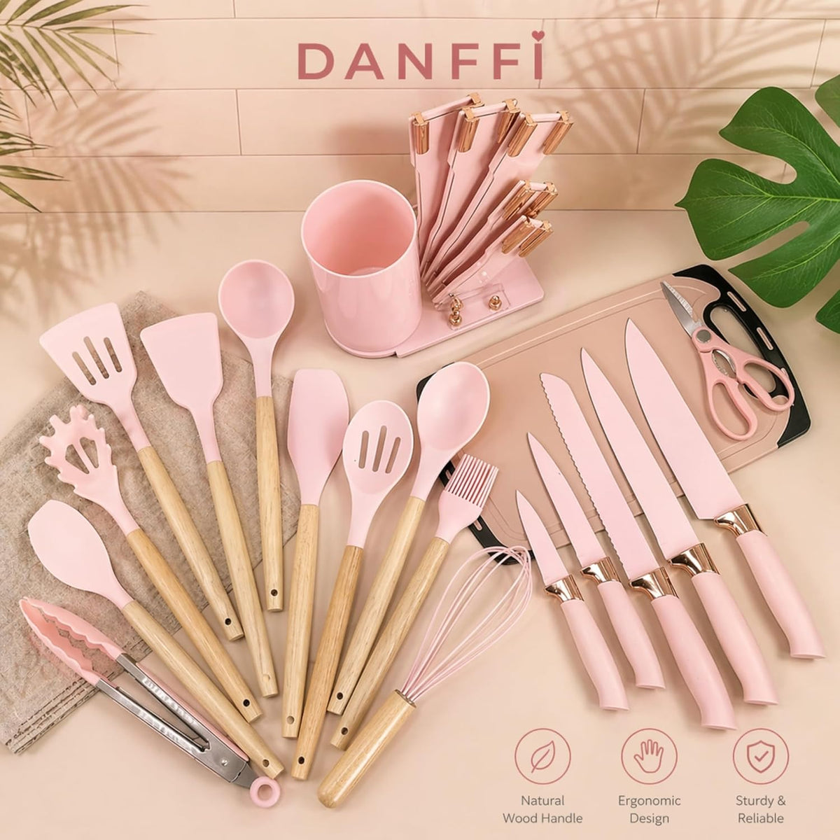 19-Piece Pink Kitchen Utensils Set with Knife Set & Cutting Board - Silicone Cooking Utensils with Wooden Handles, Rose Gold Accents, Scissors, Whisk & Tongs - BPA-Free Pink Kitchen Gift Set
