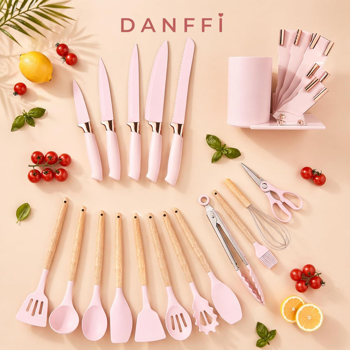 19-Piece Pink Kitchen Utensils Set with Knife Set & Cutting Board - Silicone Cooking Utensils with Wooden Handles, Rose Gold Accents, Scissors, Whisk & Tongs - BPA-Free Pink Kitchen Gift Set