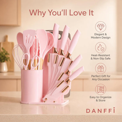 19-Piece Pink Kitchen Utensils Set with Knife Set & Cutting Board - Silicone Cooking Utensils with Wooden Handles, Rose Gold Accents, Scissors, Whisk & Tongs - BPA-Free Pink Kitchen Gift Set