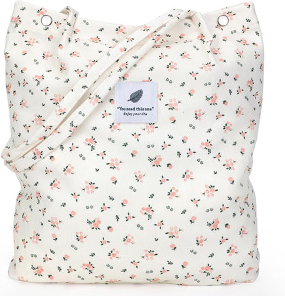 Corduroy Tote Bags for Women, Large Capacity Tote Purse Reusable Grocery Shoulder Bag with Inner Pockets