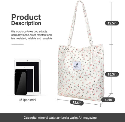 Corduroy Tote Bags for Women, Large Capacity Tote Purse Reusable Grocery Shoulder Bag with Inner Pockets
