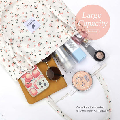 Corduroy Tote Bags for Women, Large Capacity Tote Purse Reusable Grocery Shoulder Bag with Inner Pockets