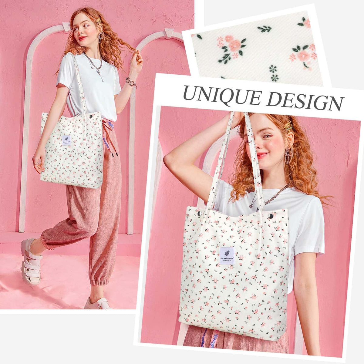Corduroy Tote Bags for Women, Large Capacity Tote Purse Reusable Grocery Shoulder Bag with Inner Pockets