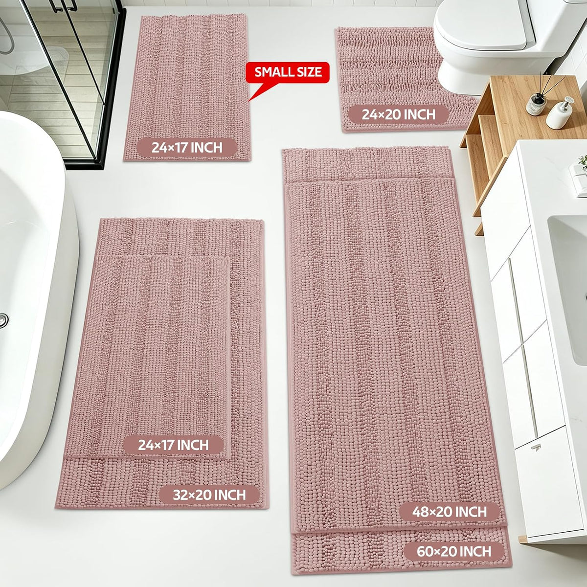 Striped Dusty Pink Bathroom Rug Set 3 Pieces Ultra Soft, Non Slip Chenille Bath Carpet, Absorbent Plush Shaggy Bath Mats for Bathroom, Toilet, Bedroom, Kitchen