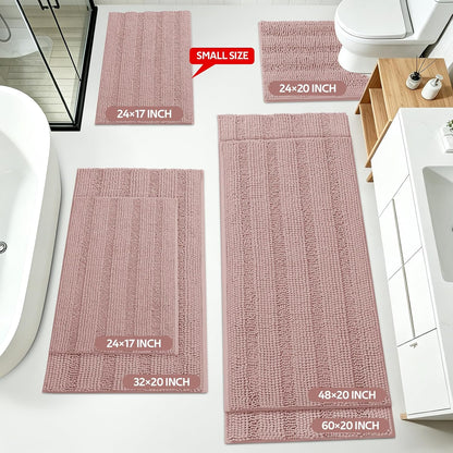 Striped Dusty Pink Bathroom Rug Set 3 Pieces Ultra Soft, Non Slip Chenille Bath Carpet, Absorbent Plush Shaggy Bath Mats for Bathroom, Toilet, Bedroom, Kitchen