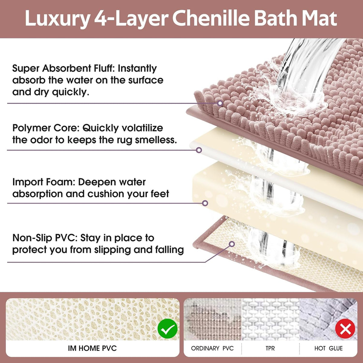Striped Dusty Pink Bathroom Rug Set 3 Pieces Ultra Soft, Non Slip Chenille Bath Carpet, Absorbent Plush Shaggy Bath Mats for Bathroom, Toilet, Bedroom, Kitchen