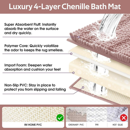 Striped Dusty Pink Bathroom Rug Set 3 Pieces Ultra Soft, Non Slip Chenille Bath Carpet, Absorbent Plush Shaggy Bath Mats for Bathroom, Toilet, Bedroom, Kitchen