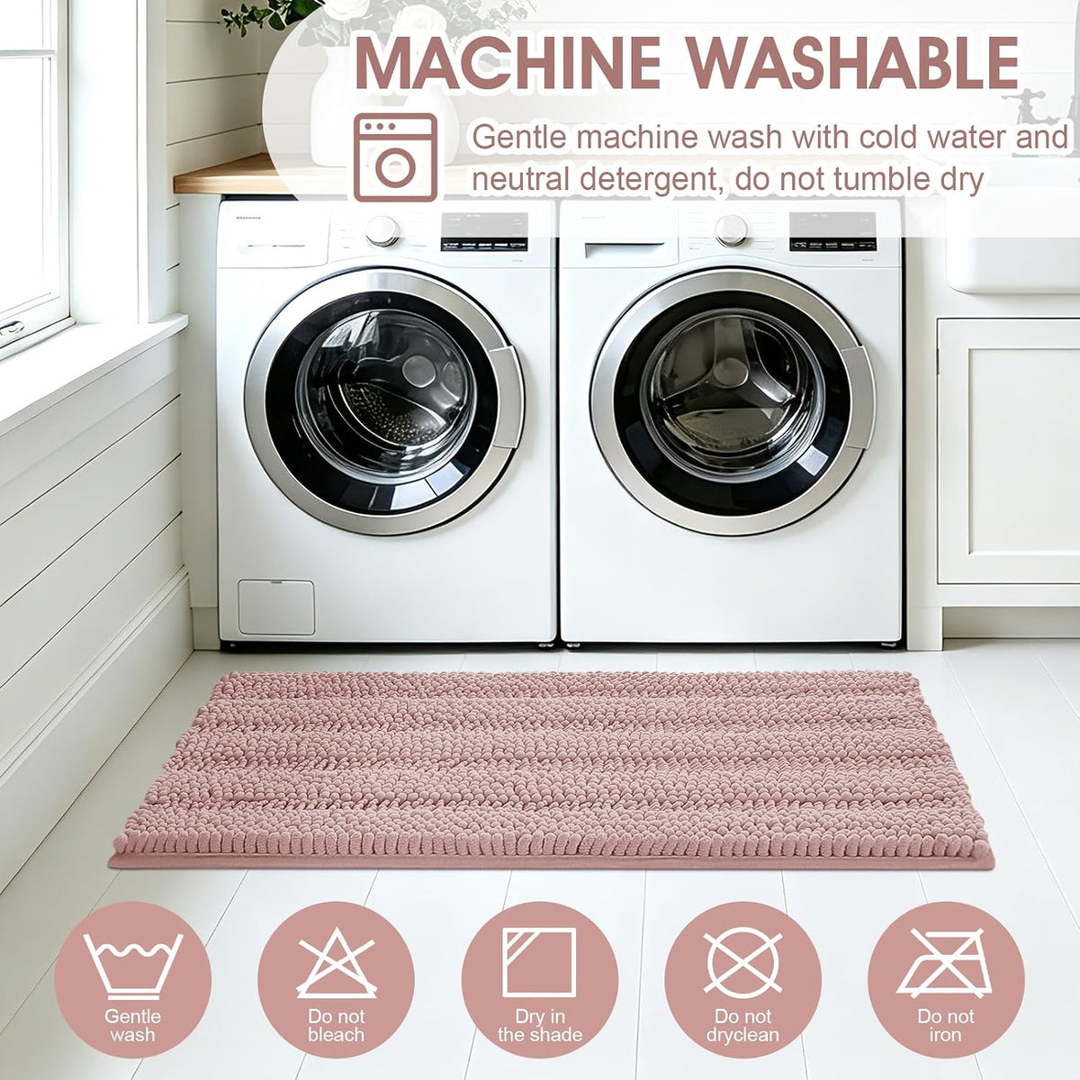 Striped Dusty Pink Bathroom Rug Set 3 Pieces Ultra Soft, Non Slip Chenille Bath Carpet, Absorbent Plush Shaggy Bath Mats for Bathroom, Toilet, Bedroom, Kitchen