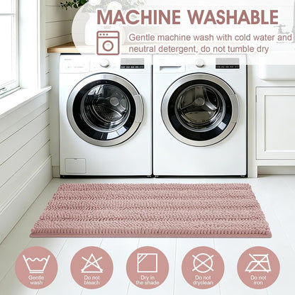 Striped Dusty Pink Bathroom Rug Set 3 Pieces Ultra Soft, Non Slip Chenille Bath Carpet, Absorbent Plush Shaggy Bath Mats for Bathroom, Toilet, Bedroom, Kitchen