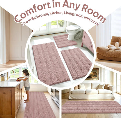 Striped Dusty Pink Bathroom Rug Set 3 Pieces Ultra Soft, Non Slip Chenille Bath Carpet, Absorbent Plush Shaggy Bath Mats for Bathroom, Toilet, Bedroom, Kitchen